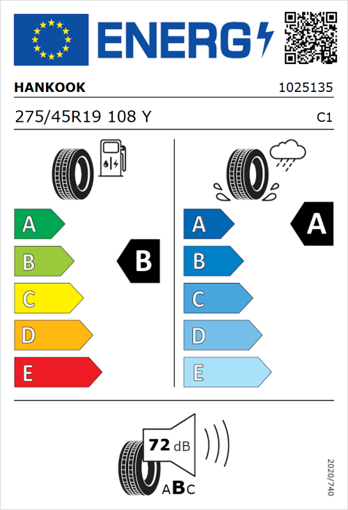 Tyre Label for Hankook Ventus S1 evo3 EV K127E 275/45R19 108Y