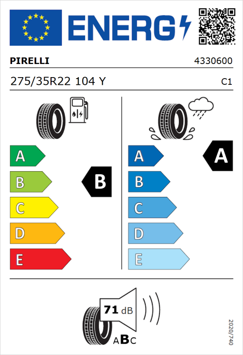 Tyre Label for Pirelli P Zero New (PZ4) (PNCS) 275/35R22 104Y